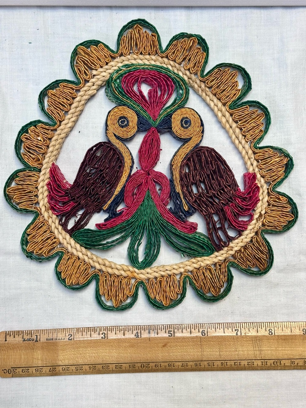 Vintage bird rattan woven trivet, hot pad, 1960s, colorful kitchen wall decor